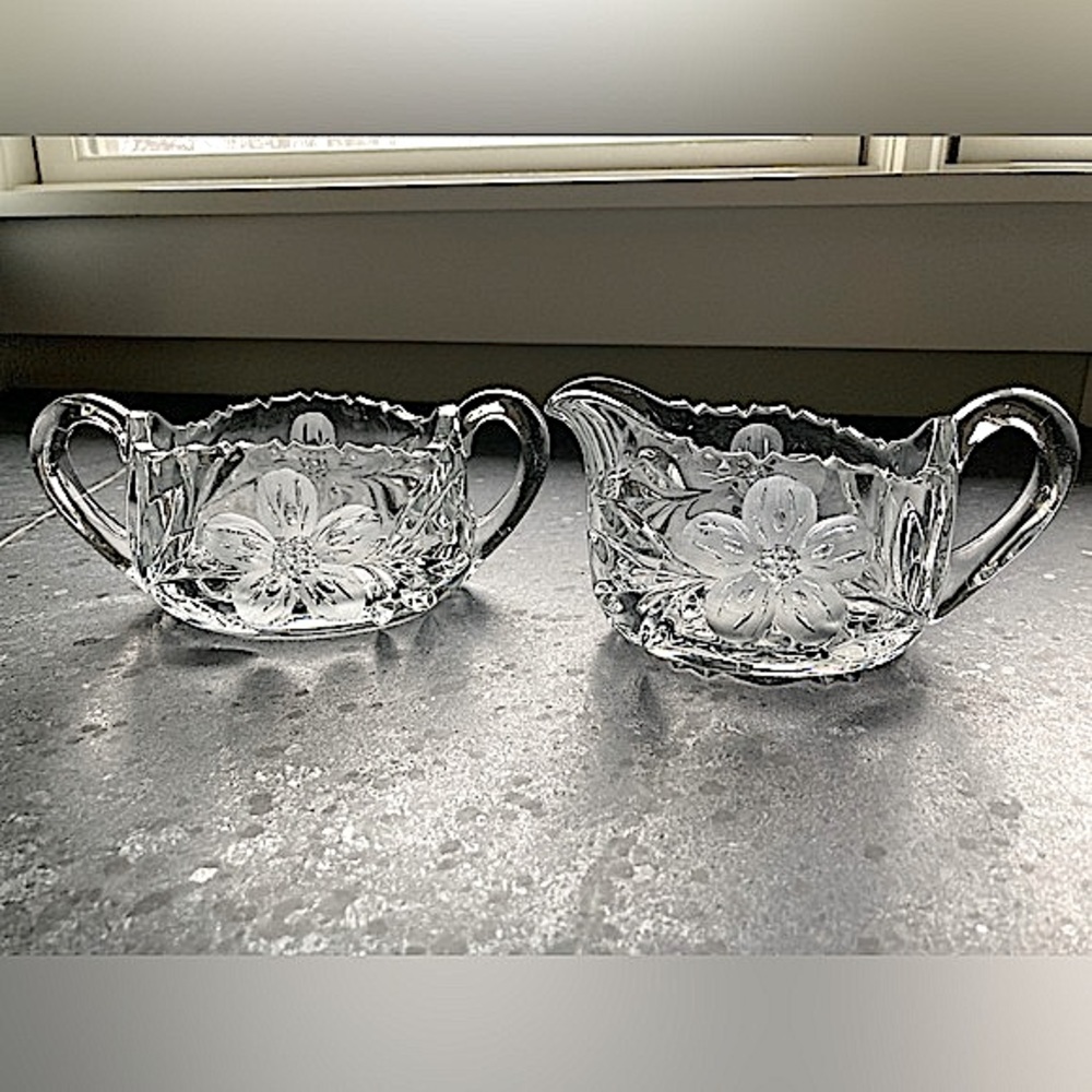 Vintage Cut or Pressed Glass Creamer / Milk Pitcher & Sugar Bowl Floral Pattern